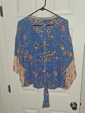 Democracy Blue Floral Oversize Tie-Front Women’s Blouse